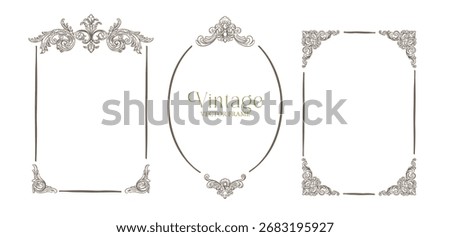 Vintage Frames in sketch style set, Whimsical hand drawn ornamental badge and borders, Antique ornate elegant decorative elements