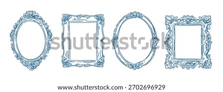Vintage Frames in sketch style set, Whimsical hand drawn ornamental badge and borders, Antique ornate elegant decorative elements vector illustration