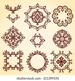 vintage frames typographic element set. Border and damask flourishes collection.