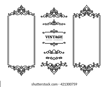 Vintage frames and vignettes, set of swirly decorative design elements in retro style, vector scroll embellishment on white