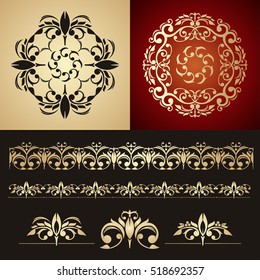 Vintage frames and vignettes, set of swirly decorative design elements in retro style. Vector set  for design template.