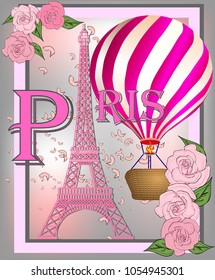 Vintage France poster design. romantic background with Eiffel tower and roses. Inscription Paris