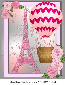 Vintage France poster design. romantic background with Eiffel tower and roses.