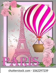 Vintage France poster design. romantic background with Eiffel tower and roses. Inscription Paris