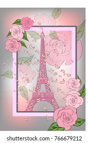 Vintage France poster design. Vector romantic background with Eiffel tower and roses