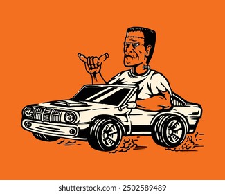 Vintage Frankenstein Hot Rod Auto Halloween Illustration Perfekt für Retro-Stil Designs und Merchandise