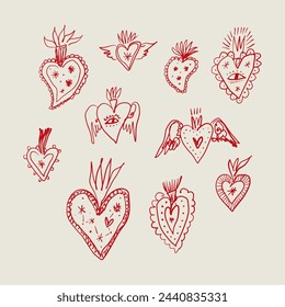 Vintage freaky cool funny doodle sacred heart Valentines love characters. Hand-drawn set of hearts with fire, wings and stars. Antique poster abstraction collection print