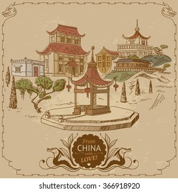 Vintage Freehand Illustration of Typical Architecture of china. Scenic Landscape in Chinese Garden with Traditional Houses.