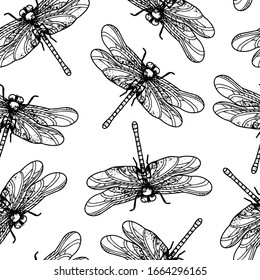 Vintage freehand insect seamless pattern. Vector black and white illustration for print on wrapping paper, wallpaper. fabrics for web design and printing.