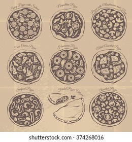 Vintage Freehand Vector Illustrations of Different Kinds of Italian Pizza