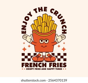 vintage french fries cartoon character design. ideas for graphic tees, t-shirts, posters, stickers, merchandise, and more Retro cartoon style. Vector illustration