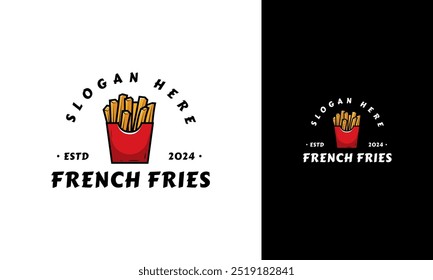 Diseño de logo de papas fritas de Antiguas. Símbolo de comida rápida con insignia o estilo de símbolo. Vector de comida chatarra