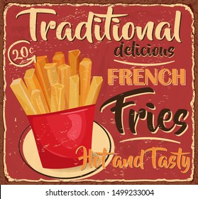 Vintage French Fries metal sign.Retro poster 1950s style.