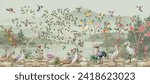 Vintage French garden decor chinois new classical vector illustration for wallpaper print, Bird, Watercolor Background.