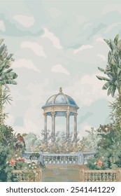 Antiguas French Garden con arco monumental, templo, pájaro. florero, ilustración de la planta para el Fondo de pantalla