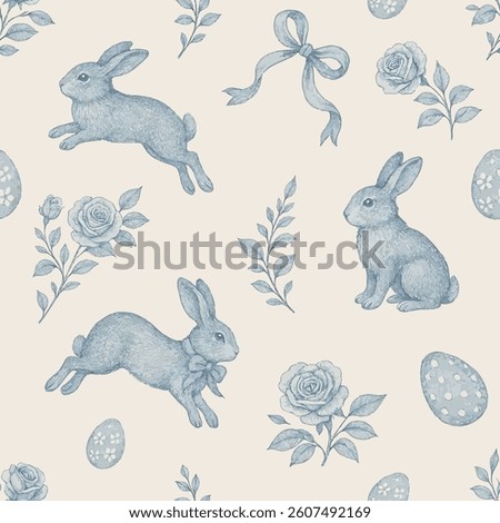 Vintage French style Easter pattern with blue and white Easter bunnies, eggs and floral elements.