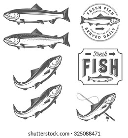 Vintage fresh fish salmon emblems, badges and design elements set
