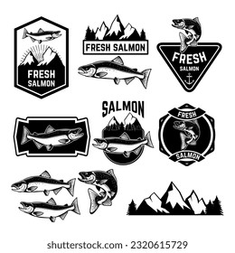 Vintage fresh salmon fish emblems, labels and design elements. Logo,badge or label design template.