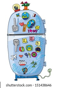 vintage fridge with magnets and sticker - cartoon