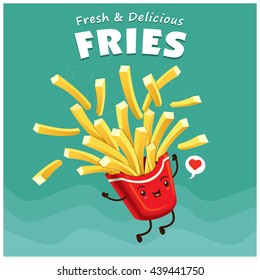 Vintage Fries Poster Design With Vector Fries Character.