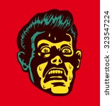 Vintage frightened man with scared and terrified face expression looking at something disturbing or mind-blowing, comic book style portrait with light from below