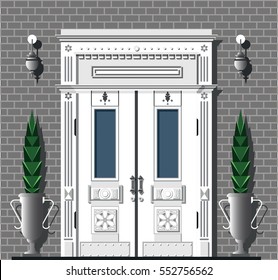 Vintage front door on gray brick wall background