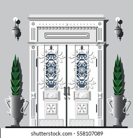 Vintage front door on gray background