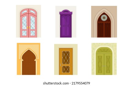 Vintage front doors set. House entrances, building facade element vector illustration