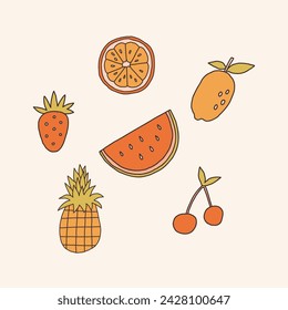 Vintage fruit and berries. Vector retro hand drawn groovy illustration posters t-shirts and stickers