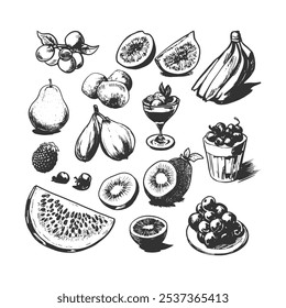 Ilustração de fruta vintage com bananas, kiwis, melancia, figos e bagas. Arte detalhada para marcas agrícolas, embalagens de alimentos orgânicos e design culinário de inspiração botânica
