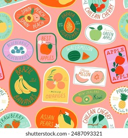 Vintage fruit label sticker cartoon seamless pattern illustration. Trendy hand drawn organic food tag background. Fresh exotic tropical fruits, summer texture print. Apple, orange, banana doodle art.