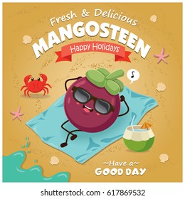 Vintage fruit poster beach design with mangosteen character.