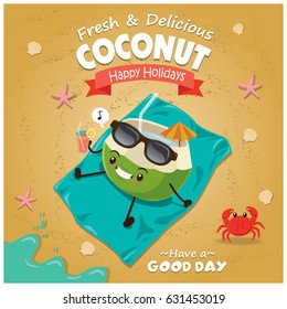 Vintage fruit poster beach design with coconut character.