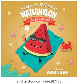 Vintage fruit poster beach design with watermelon character.