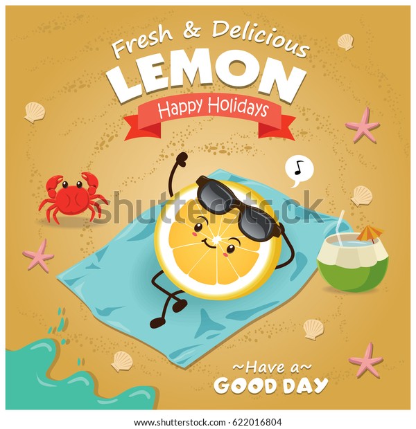 レモンのキャラクターを使ったビンテージフルーツポスターのビーチデザイン のベクター画像素材 ロイヤリティフリー