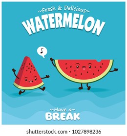 Vintage fruit poster design with vector watermelon character.