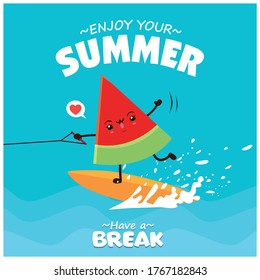 Vintage fruit poster design with vector watermelon character. 