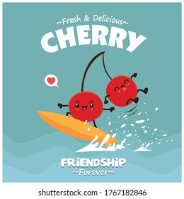 Vintage fruit poster design with vector cherry character. 