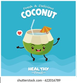Vintage fruit poster design with vector coconut character.