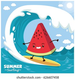 Vintage Fruchtposter-Design mit Vektorwassermelon Surfer.