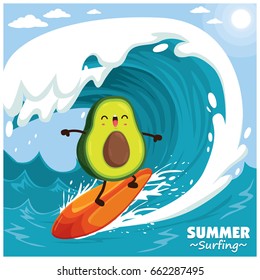 Vintage fruit poster design with vector avocado surfer.