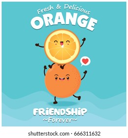 Diseño de afiche de frutas vintage con carácter de naranja vectorial.