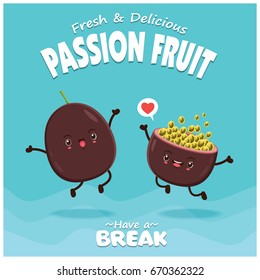 Vintage fruit poster design with vector passion fruit character.