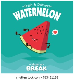 Vintage fruit poster design with vector watermelon character.