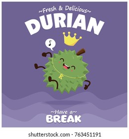 Vintage fruit poster design with vector durian character.