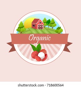 Vintage fruit poster or label design with Lychee. Fresh and juicy lychee. Vector round label, lychee jam, sauce or juice label. farm on green meadow