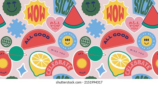 Vintage Fruit Sticker Label Seamless Pattern. Retro 90s Smile Icon Tag Background Texture. Trendy Sign Wallpaper.