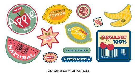 Vintage fruit stickers set isolated on white background. Vector cartoon illustration of retro organic food labels for lemon, lime, apple, watermelon, cherry, banana, peach, product quality badge