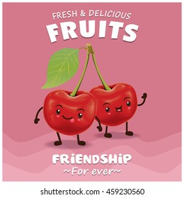 Vintage fruits poster design with vector cherry character.