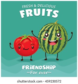 Vintage fruits poster design with vector tomato & watermelon character.